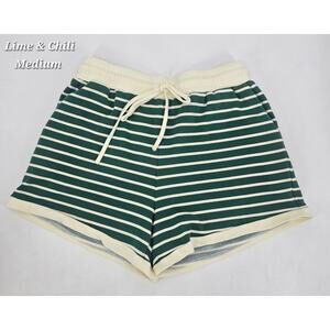 Lime & Chili Green Striped Lounge Shorts Medium Drawstring Athleisure Coastal